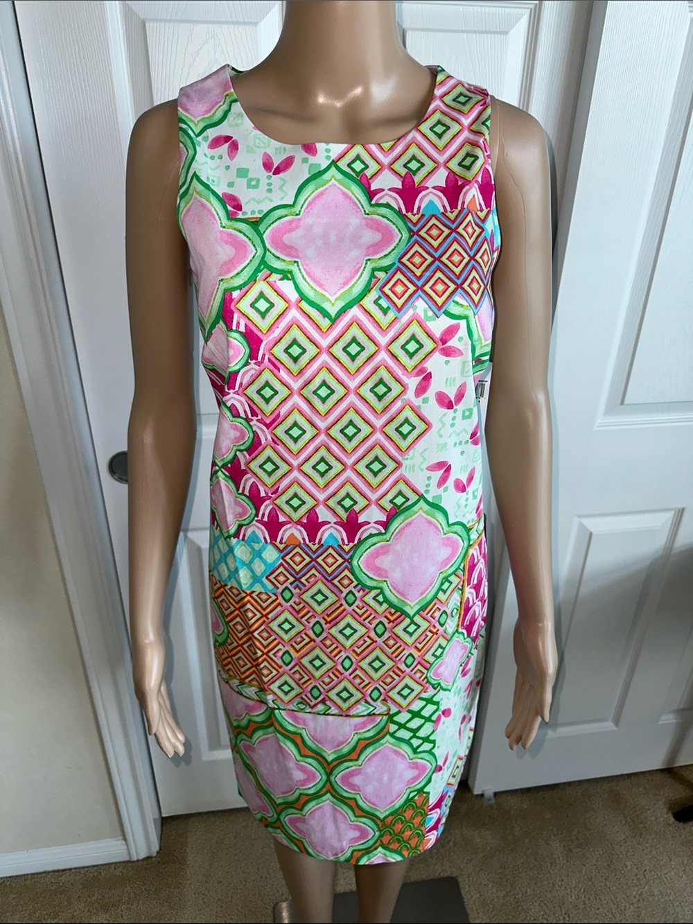 NEW London Times Pink, Green & White Geometric Floral Midi Dress Size 8